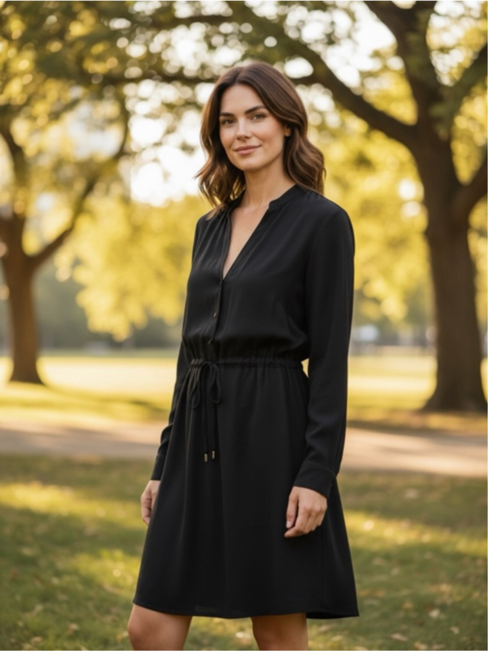 EILEEN FISHER Black Long Sleeve Drawstring Dress XS